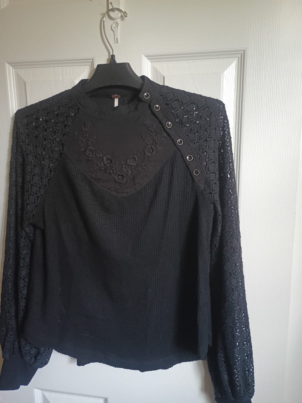Free People Side Button Mock Neck Embroidered Lace Sleeve Women's Top